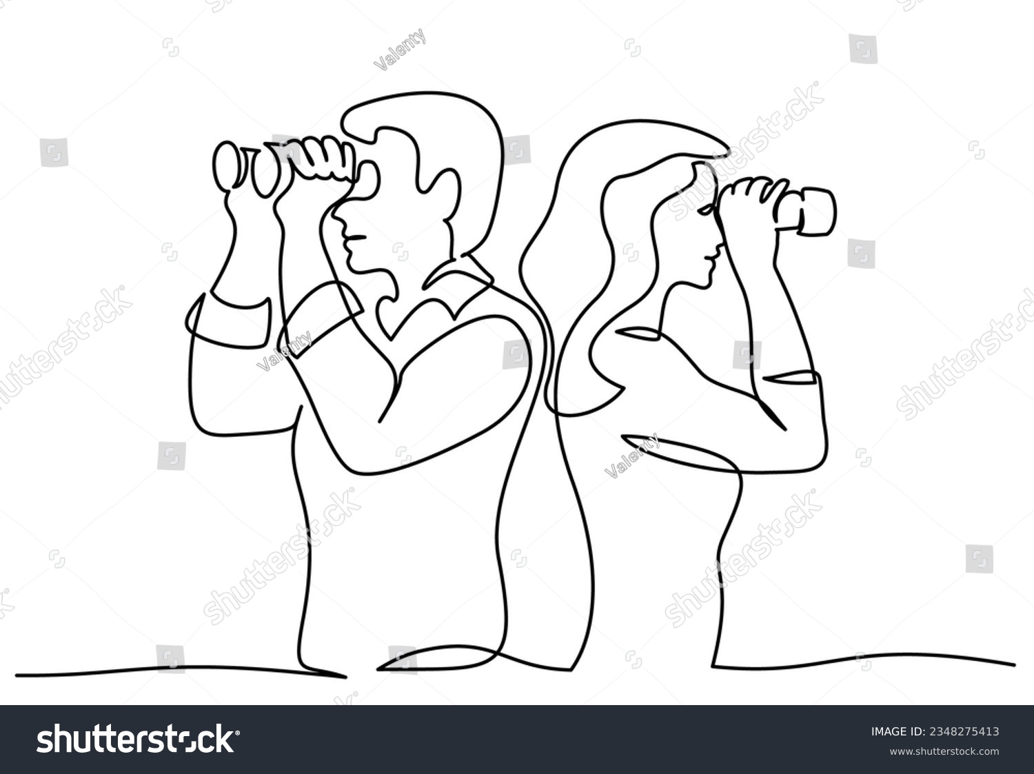 Man and woman looking into distance with binoculars. Continuous one line drawing. Concept of searching for truth. Single line design vector graphic illustration #2348275413