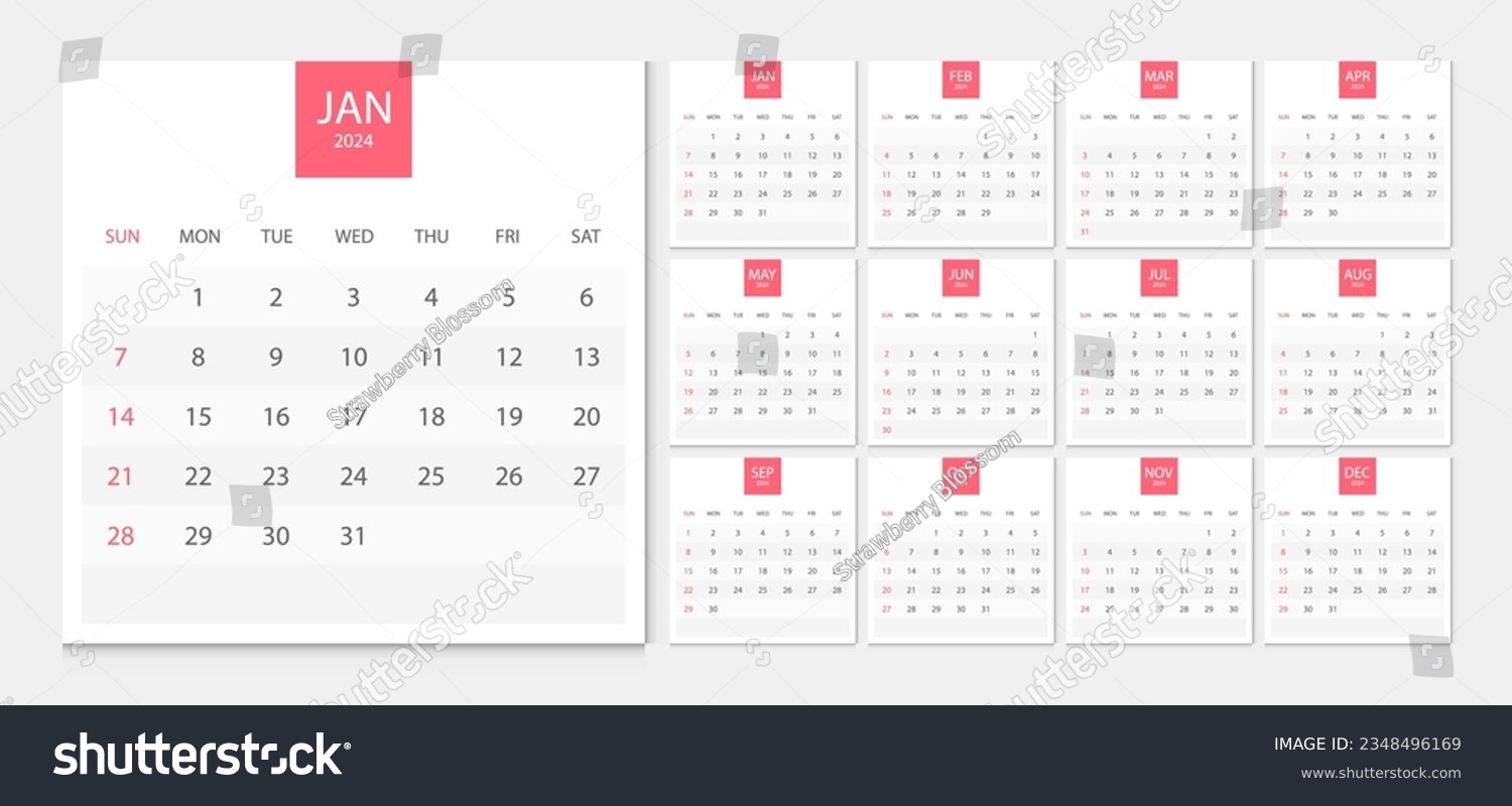 Calendar 2024 Week Start Sunday Corporate Design Royalty Free Stock Vector 2348496169 3291