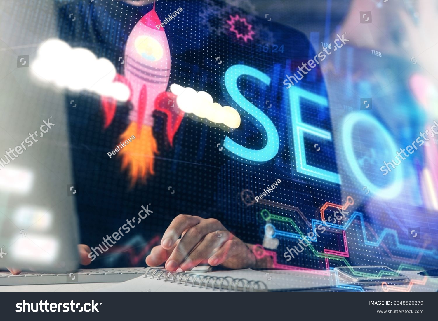 Multi exposure of seo icon with man working on computer on background. Concept of search engine optimization. #2348526279