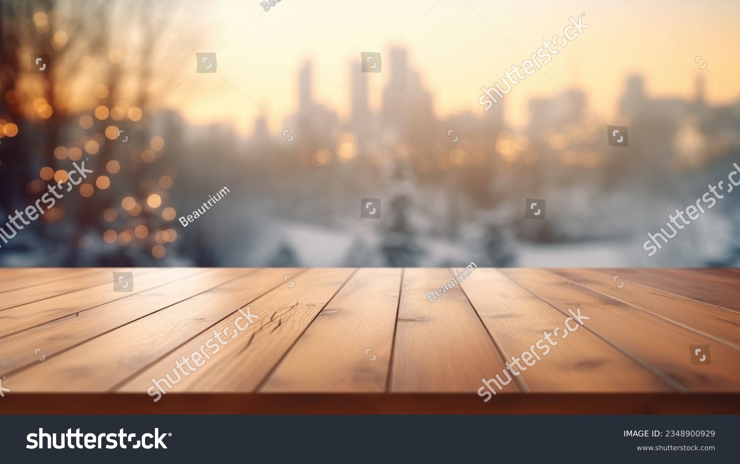 The empty wooden brown table top with blur background of home room in winter. Exuberant image. #2348900929