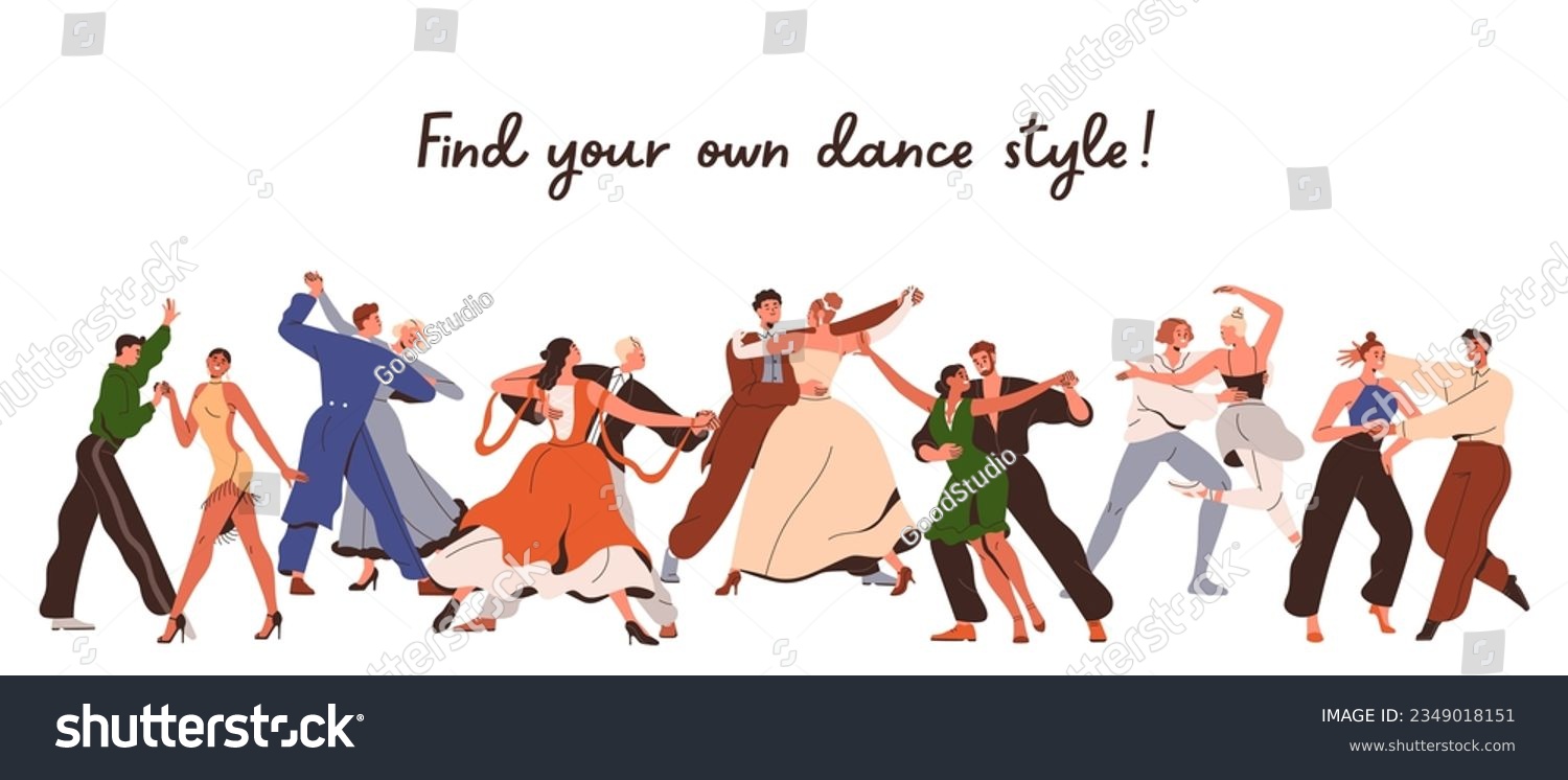 Couples, partner dances of different styles, banner background. Dancer school, studio class advertising. Man and woman pairs performing ballet, waltz, bachata, tango. Flat vector illustration #2349018151