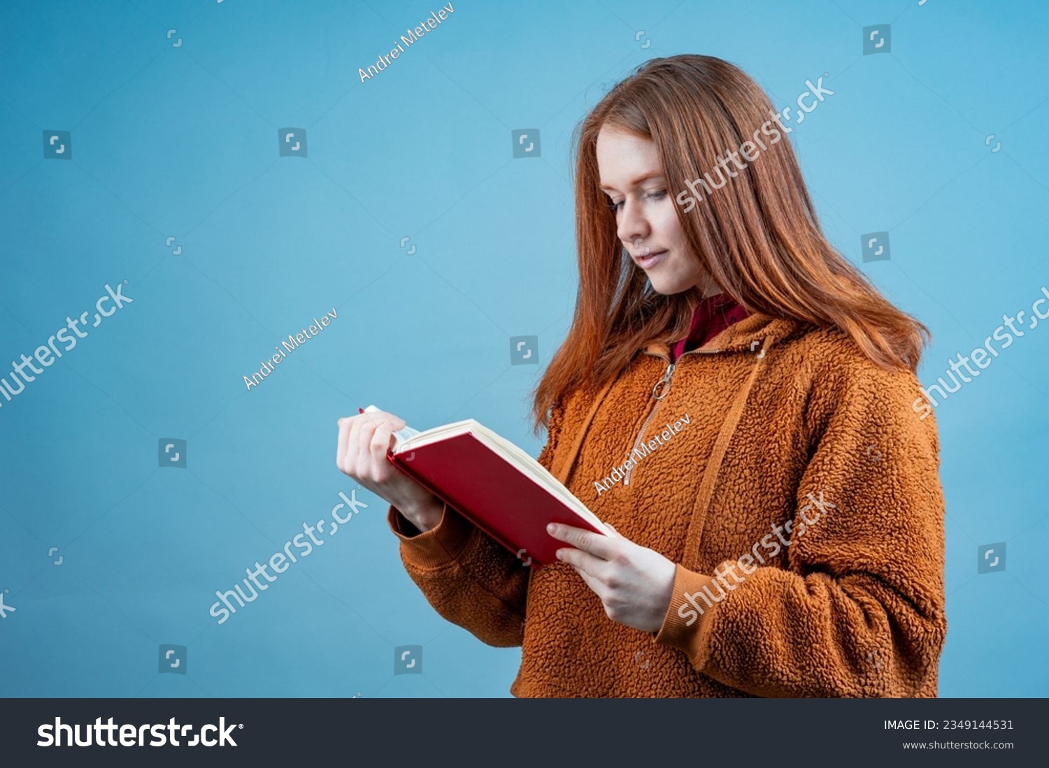 a young woman attentively reads a book standing on a blue background in the studio. reading books, money books and knowledge day #2349144531