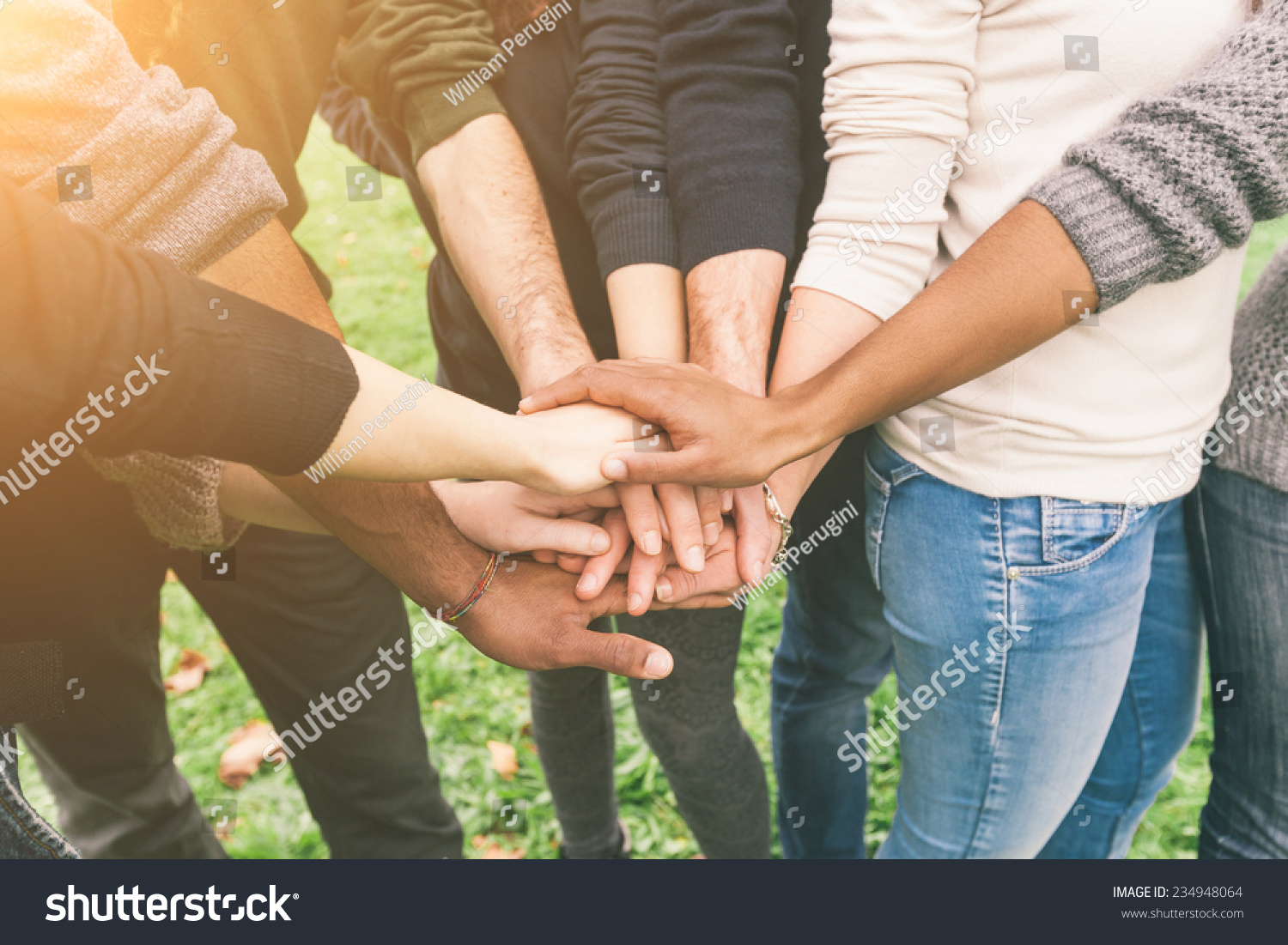 Multiracial Group of Friends with Hands in Stack, Teamwork #234948064