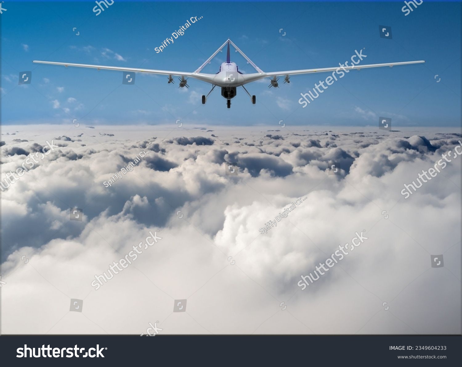 Bayraktar tb2 unmanned aerial vehicle gliding through the clouds. Bayraktar tb-2 combat drone in flight over the clouds. #2349604233