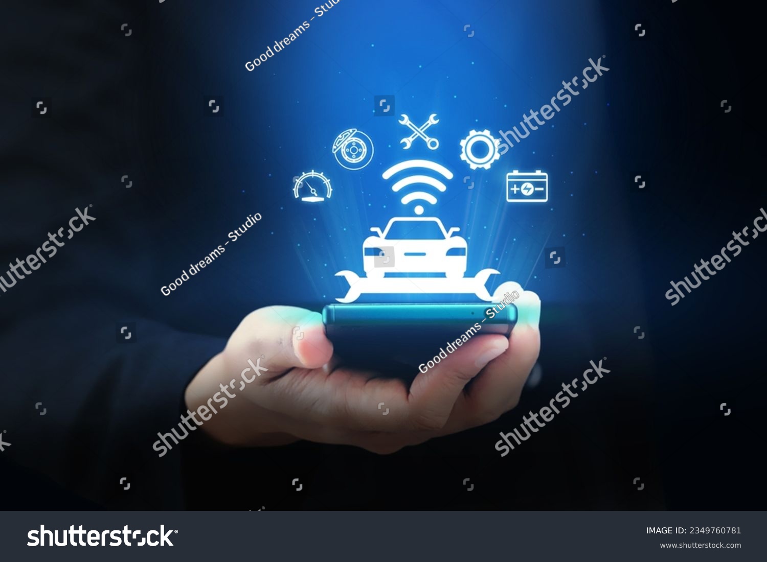 Intelligent car app on smartphone concept, Car app connect, a smart car companion, conveys the idea of an intelligent mobile app for cars. Car service app alert. #2349760781