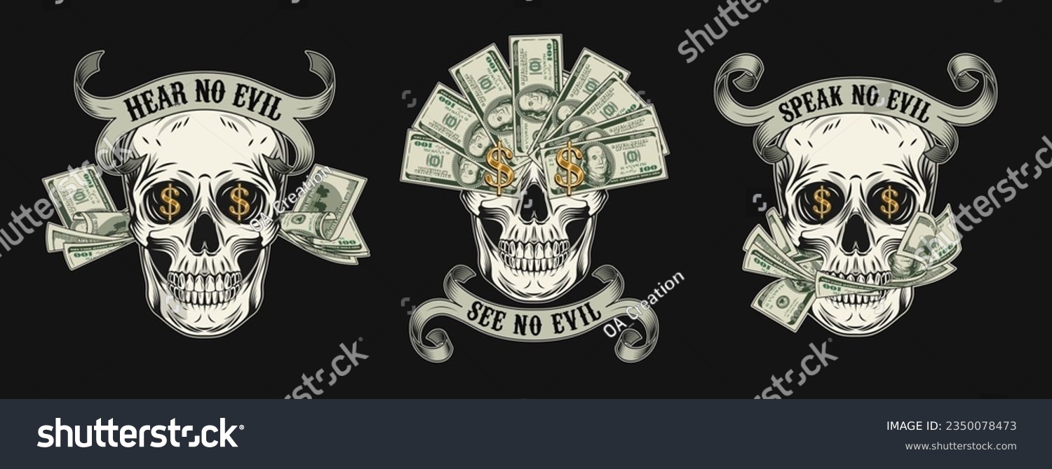 Labels with skull, cash money, 100 dollar bills, dollar sign, vintage ribbon. Creative interpretation of Three wise monkeys. Text See, hear, speak no evil. Corruption concept. Black background. #2350078473