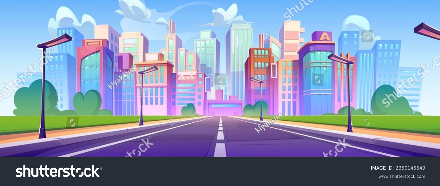 Cityscape cartoon vector illustration of downtown with high modern buildings, empty road surrounded by lamps and sky with clouds. Urban horizontal banner of city skyline with empty highway and houses. #2350145549
