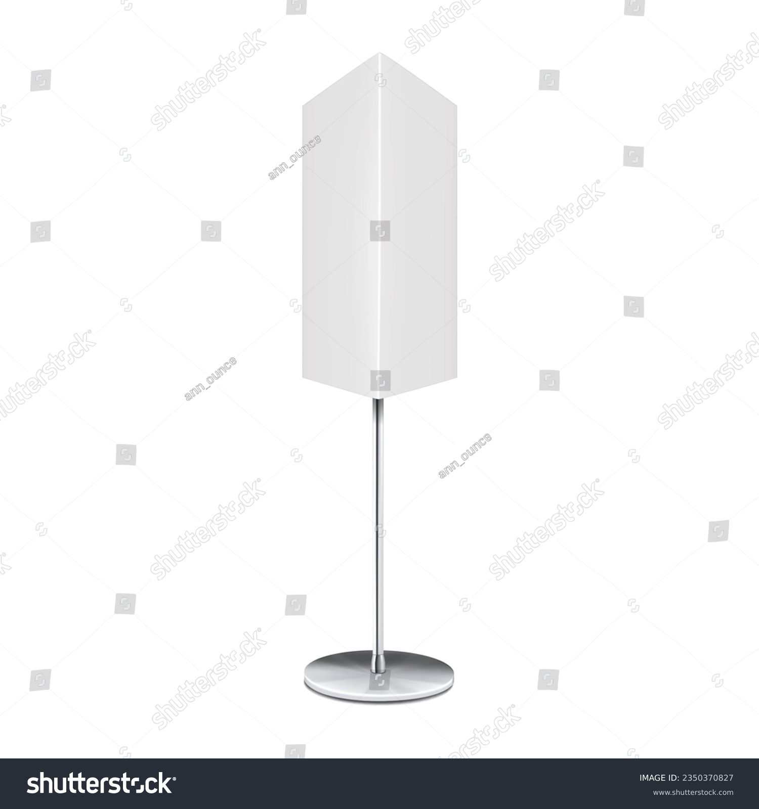 Rotating 3 sided banner stand realistic vector mockup. White blank pole sign. Triangular graphic panel display board mock-up. Template for design #2350370827