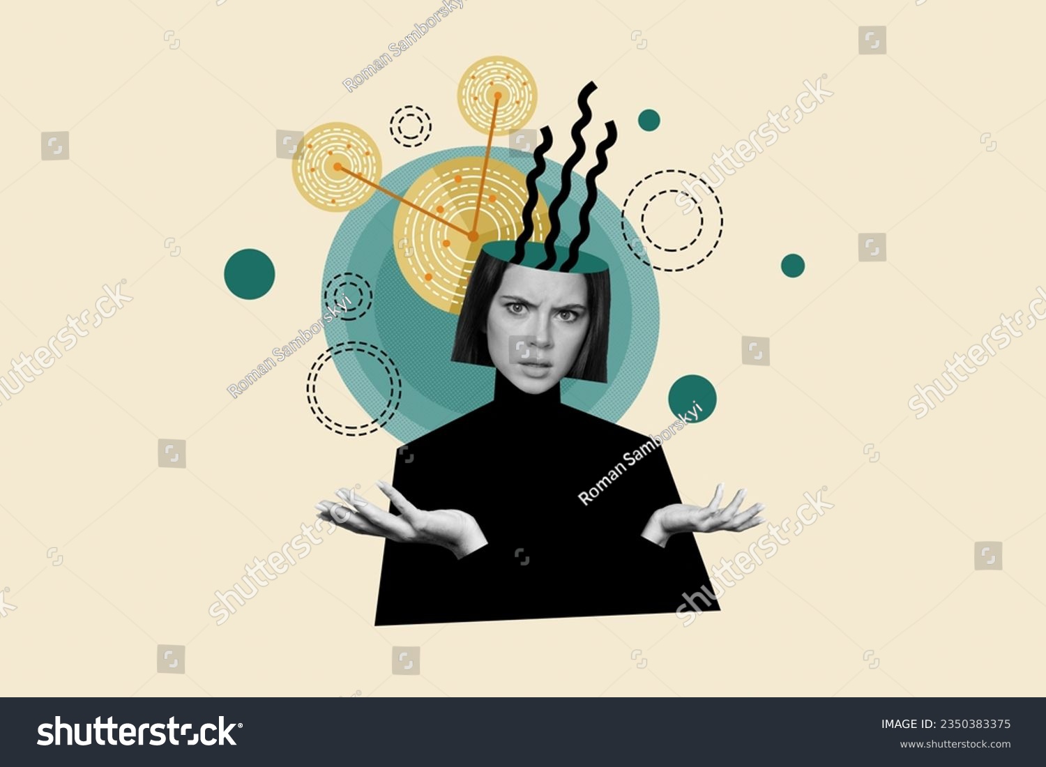 Creative composite photo illustration collage of puzzled confused woman asking question have no idea isolated on drawing background #2350383375