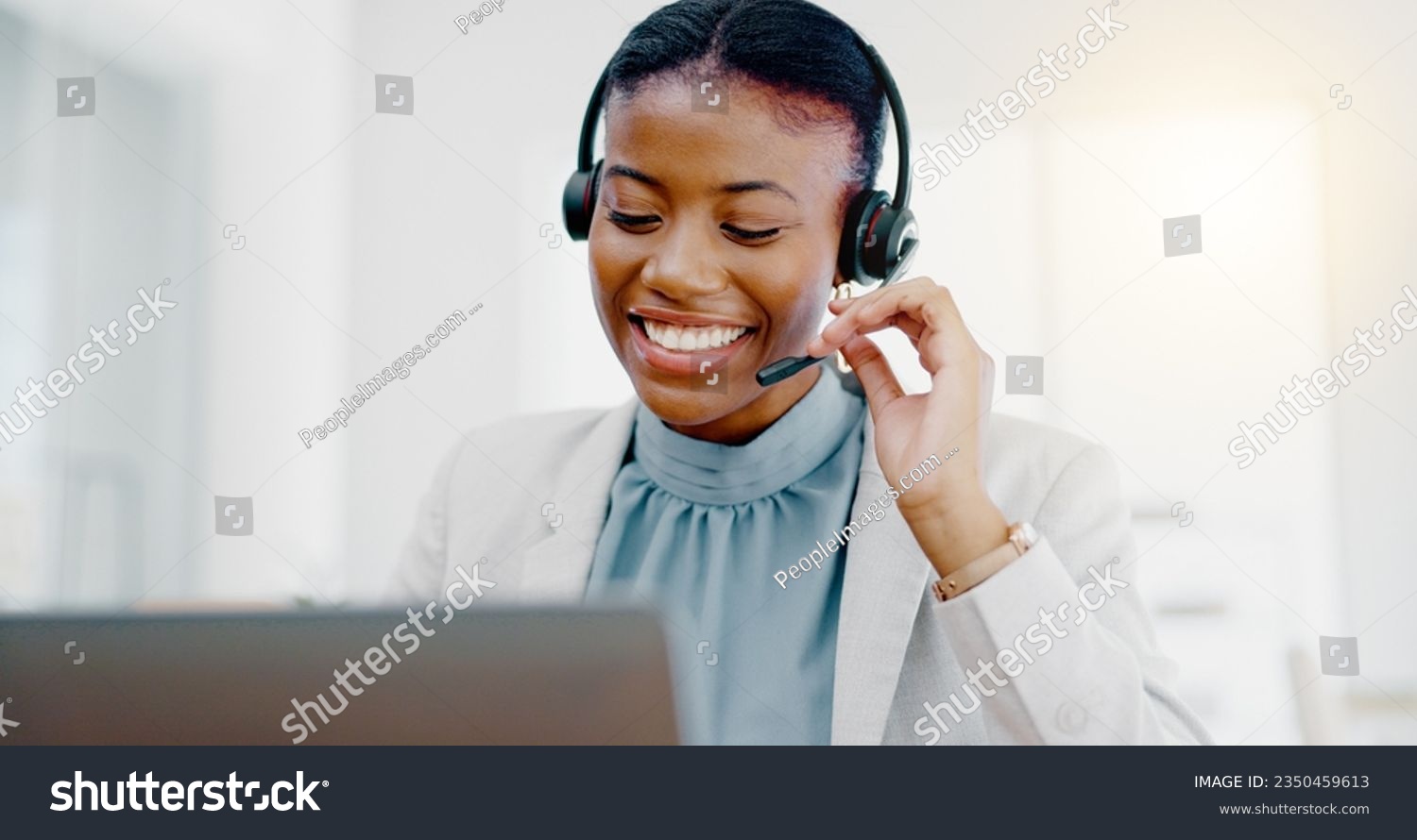 Black woman, call center and consulting on laptop for telemarketing, customer service or desktop support. Friendly African female consultant talking on headset for help, advice or communication #2350459613