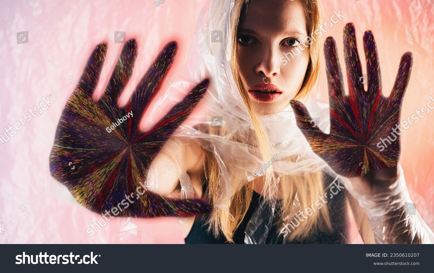 Future prediction. Nft art. Palmistry fortune. Confident oracle woman face colorful glitch noise hand palms on peach pink glow background. #2350610207