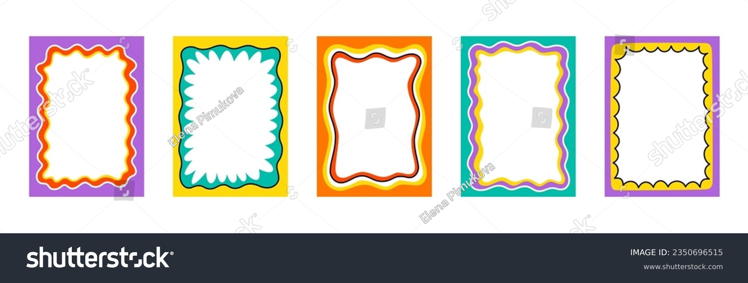 Wave scalloped edge frame. Doodle border with wavy pattern. Trendy graphic template. Cute curved frame box. Geometric abstract background. Hand drawn vector illustration isolated on white background. #2350696515