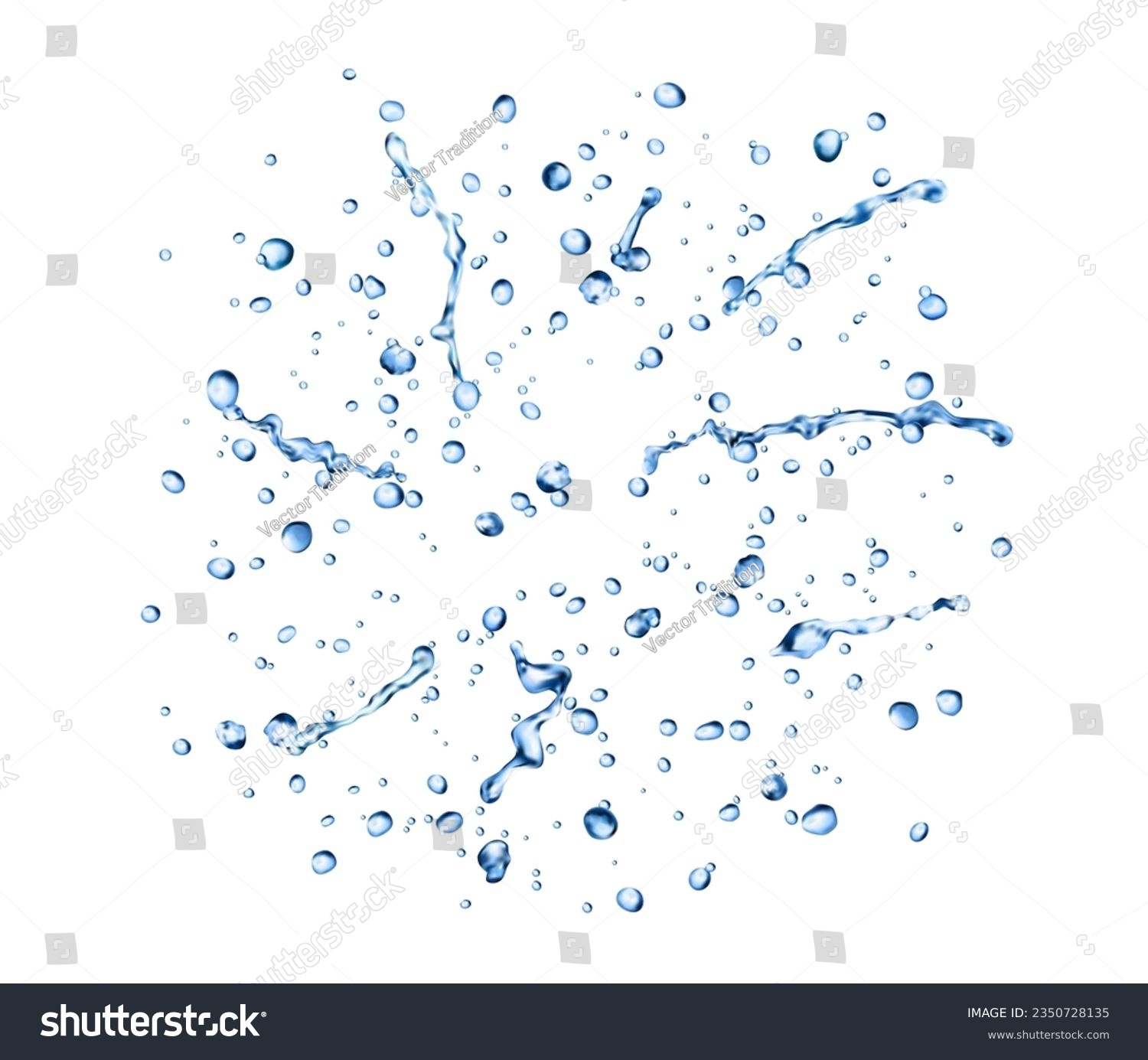 Realistic rain blue water drops and splatters. Realistic 3d vector small translucent droplets formed when water condenses or falls. They shimmer, cling, create ripples, refreshing and reflecting light #2350728135