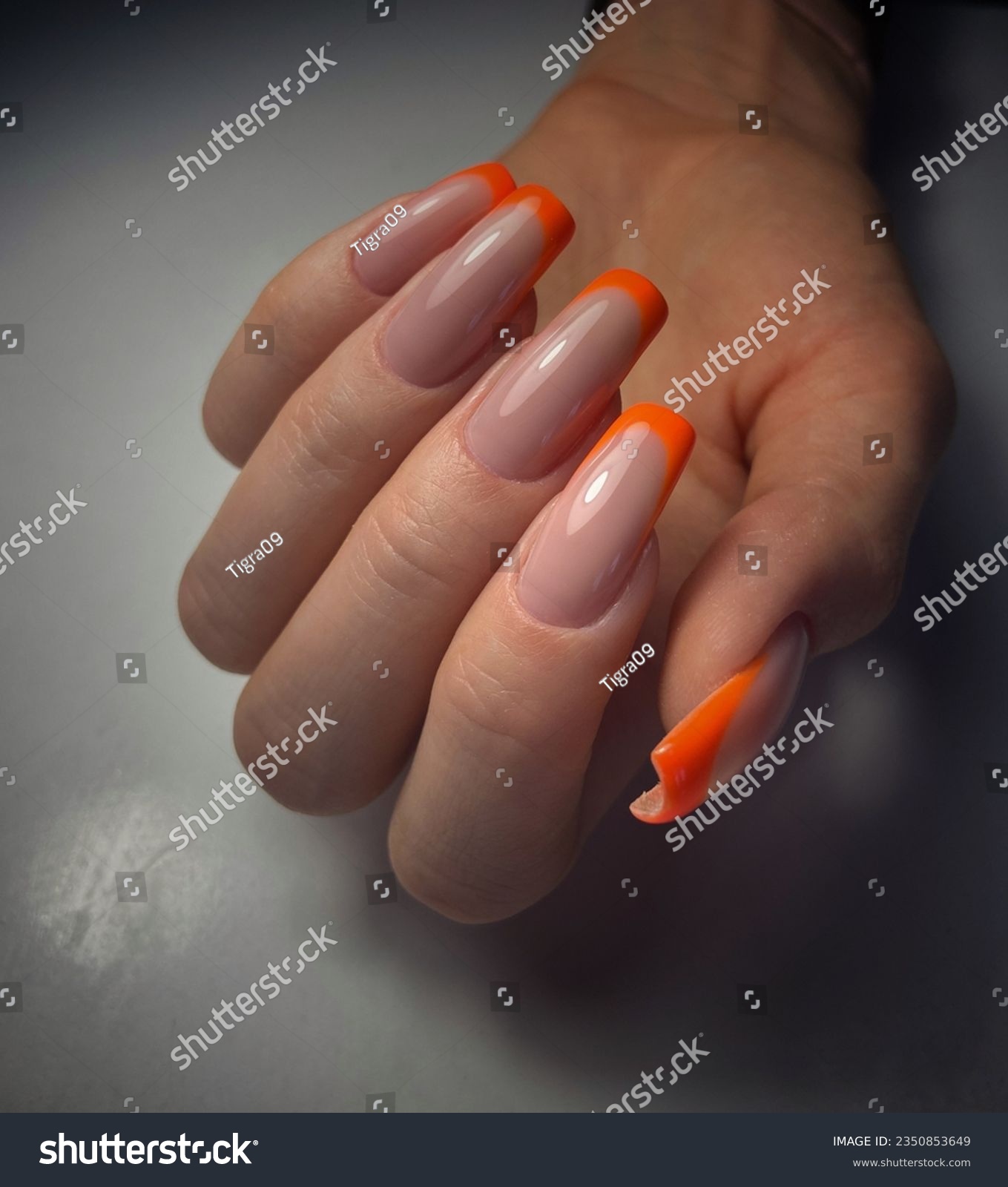 orange colour french manicure long nails #2350853649