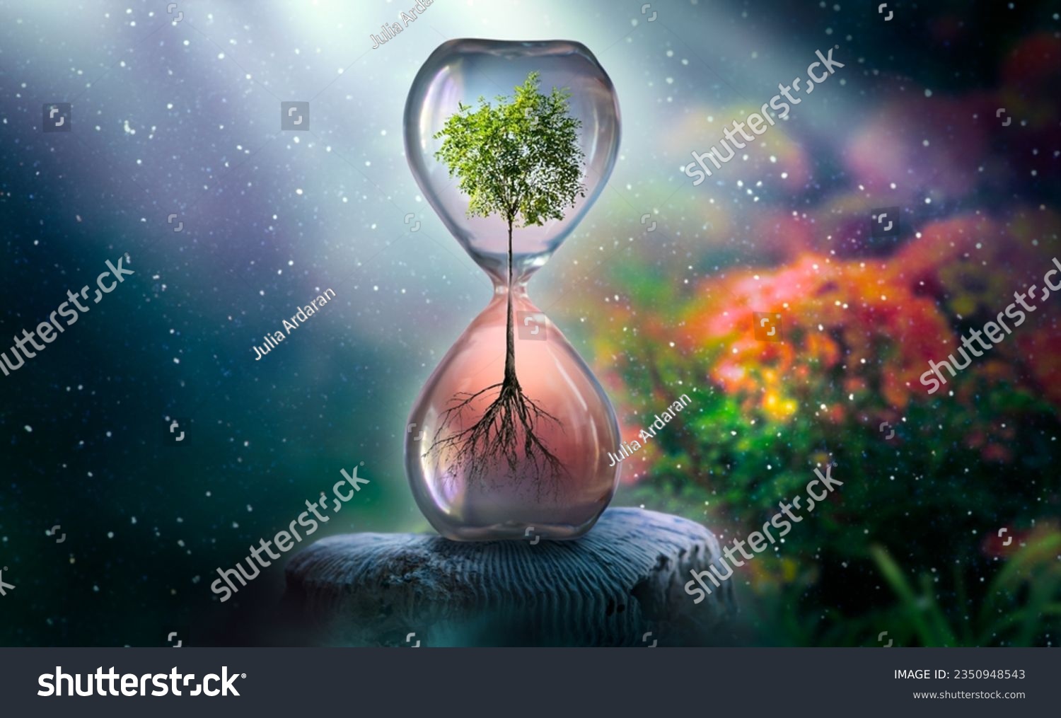 Earth Day or World Environment Day concept. Save our Planet and forest, restore and protect Green Nature, global warming and Climate change theme. Live and dry tree in Hourglass in garden. #2350948543
