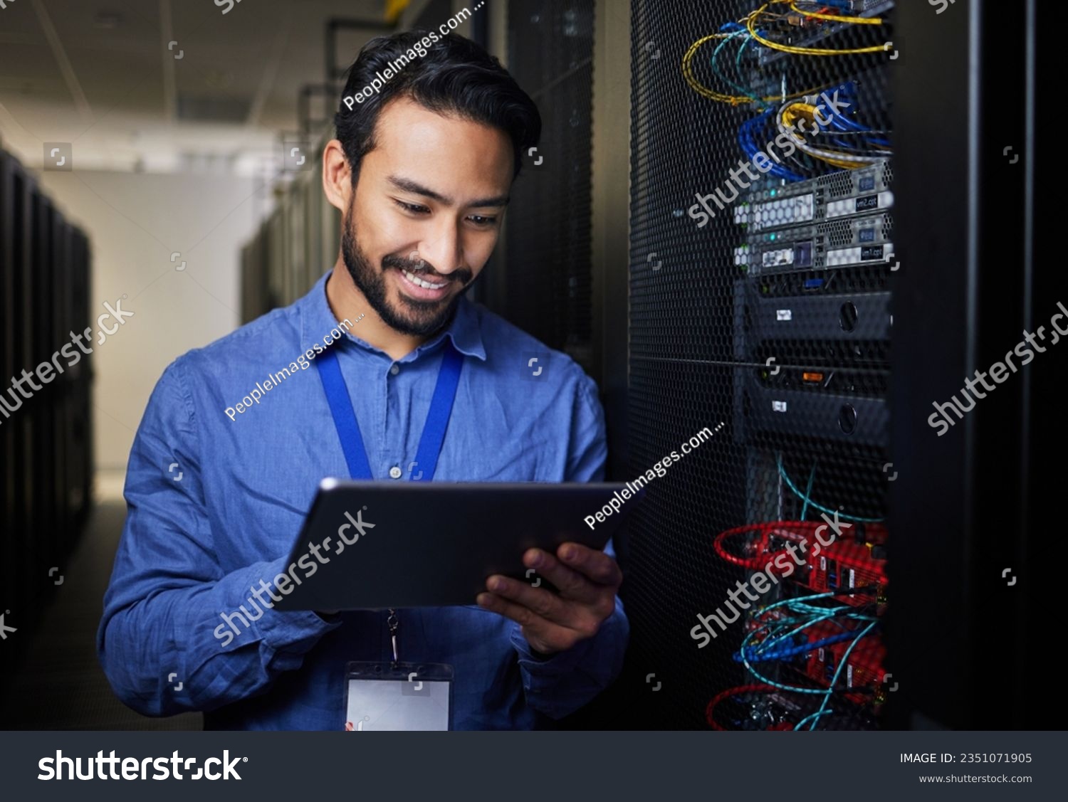 Man, tablet and server room, programming or coding for cybersecurity, information technology and data protection backup. Happy engineering person on digital software and hardware solution in basement #2351071905