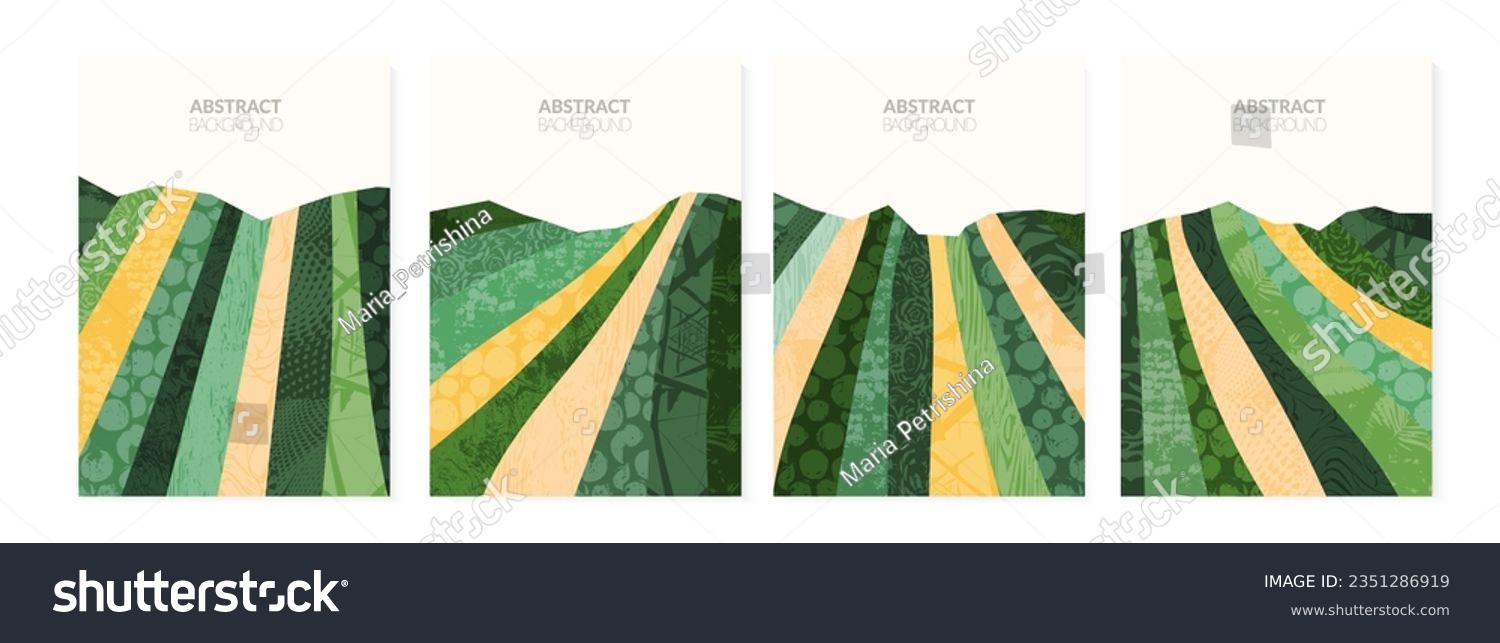 Abstract agriculture field or farm card background. Vineyard valley collage pattern, spring countryside landscape, ecology poster template. Summer backdrop, organic design, eco green flyer layout #2351286919