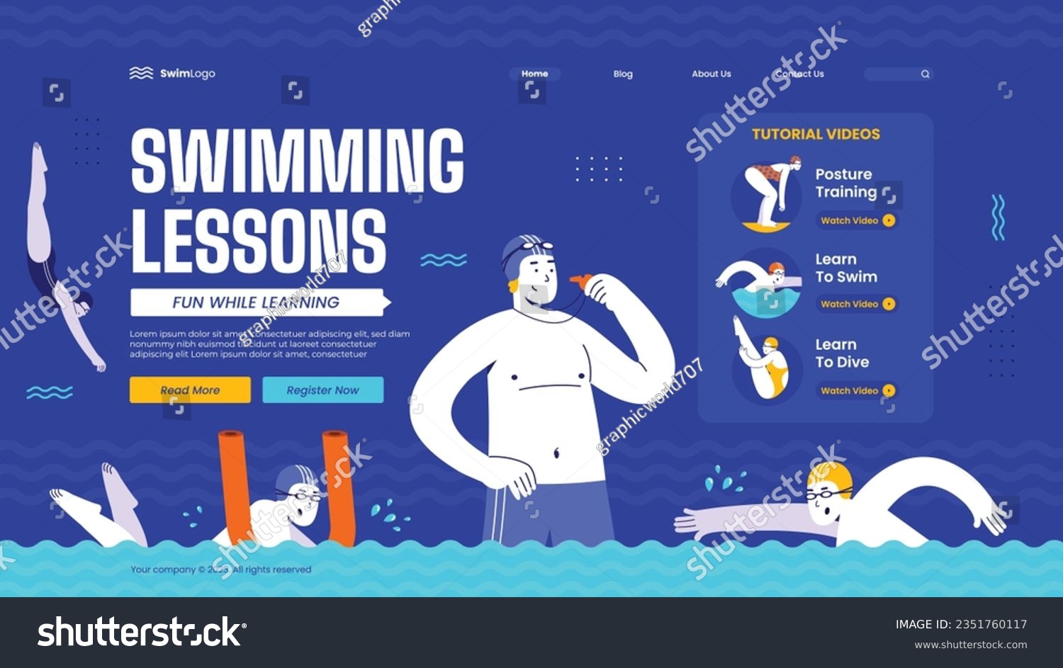 Children Swimming Lessons. swimming classes background. swimming training concept. Vector Illustration. Poster, Banner, Flyer, Template. social media post. Swimming lesson promotion poster. Coaching. #2351760117