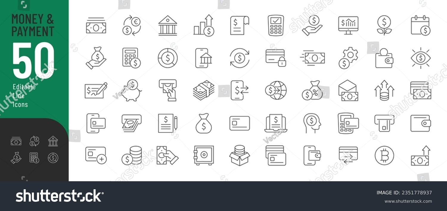 Money and Payment Line Editable Icons set. Vector illustration in modern thin line style of money and finance operations: currency exchange, savings, operations with bank cards. Isolated on white  #2351778937