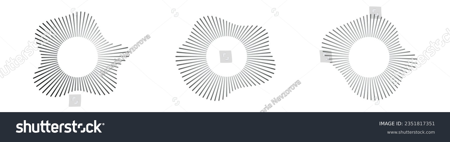 Circular sound waves, depicting audio music, round symbols of voice, icons and logos for equalizers, radial spectrum designs, ring patterns. Flat vector illustrations isolated on white background. #2351817351