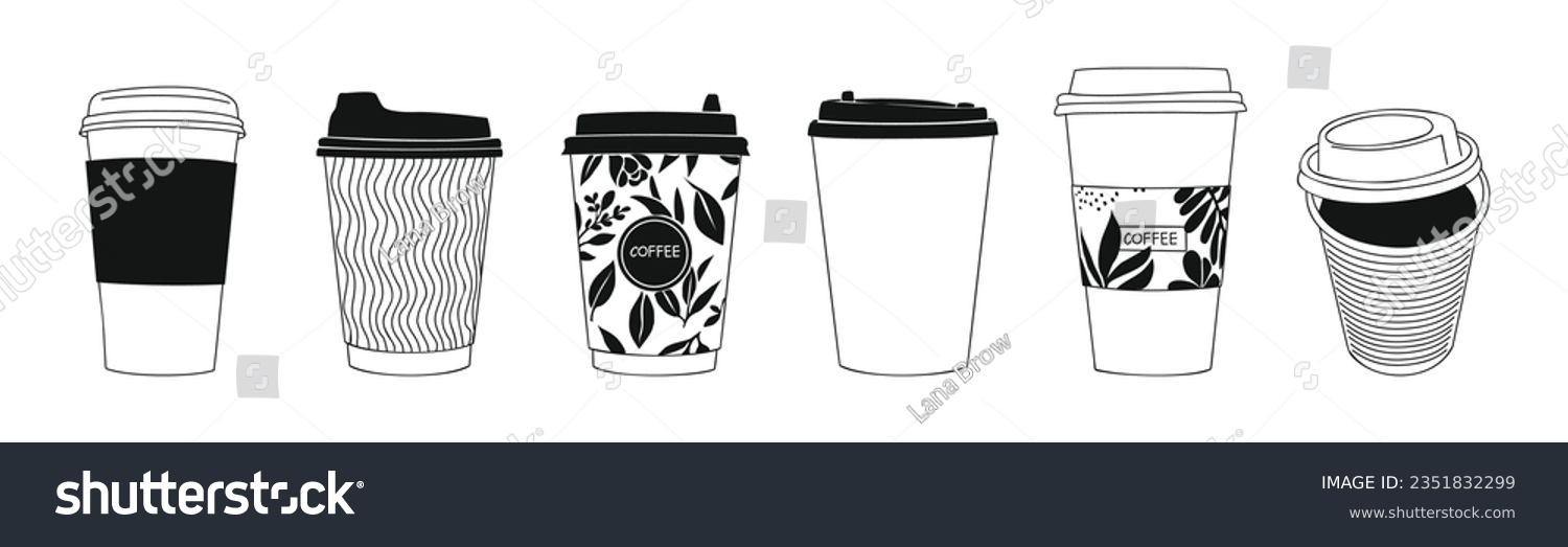 Set of different paper Coffee cups take away. Various disposable cups of coffee to go. Collection of Hand drawn doodle line art vector illustrations isolated on white background #2351832299