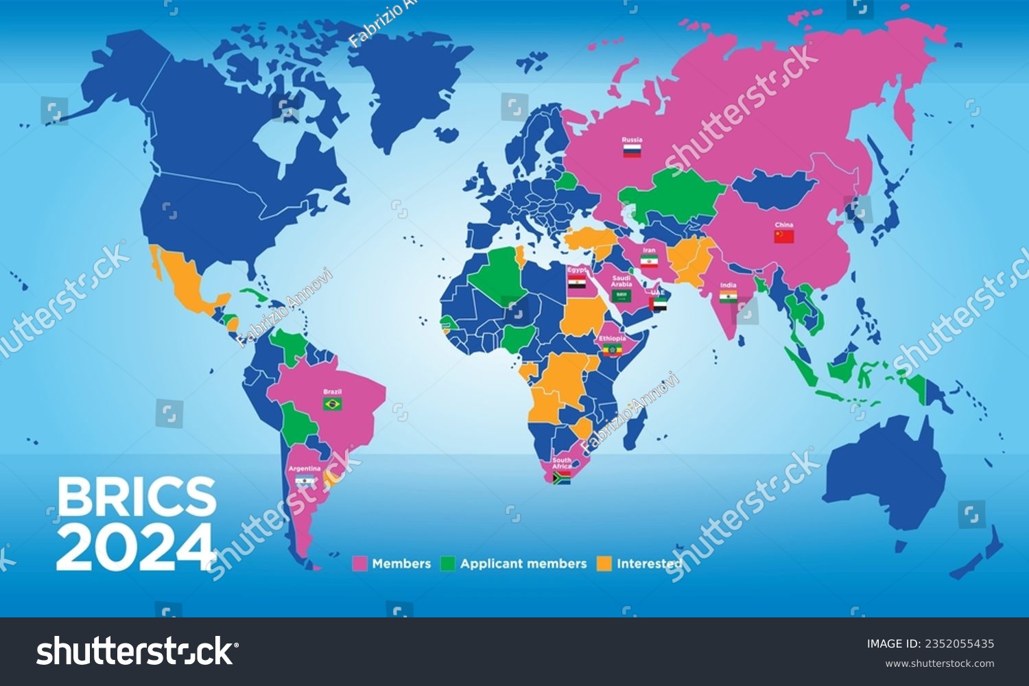 BRICS countries map in the year 2024 with new Royalty Free Stock