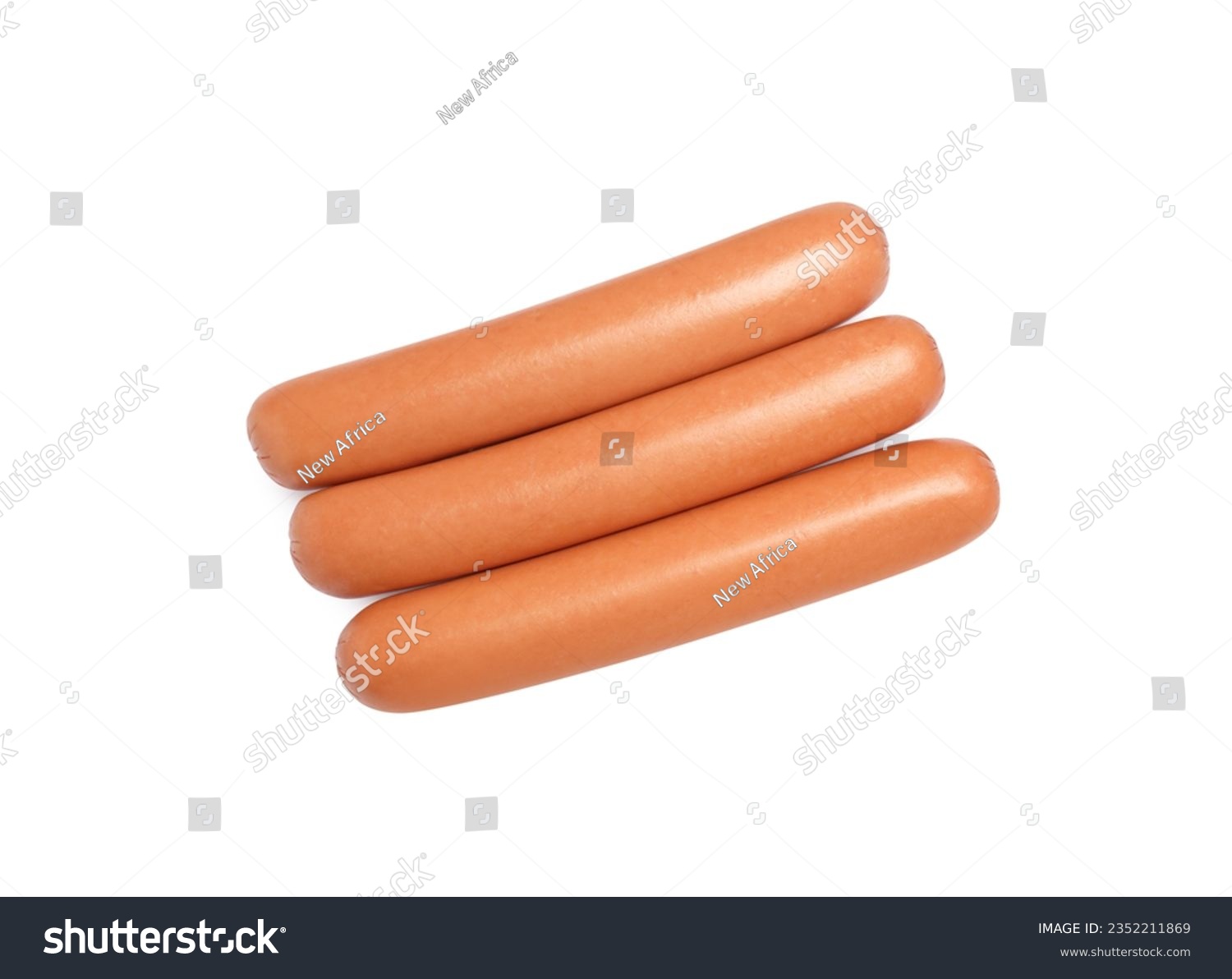 Fresh raw sausages isolated on white, top view. Ingredients for hot dogs #2352211869