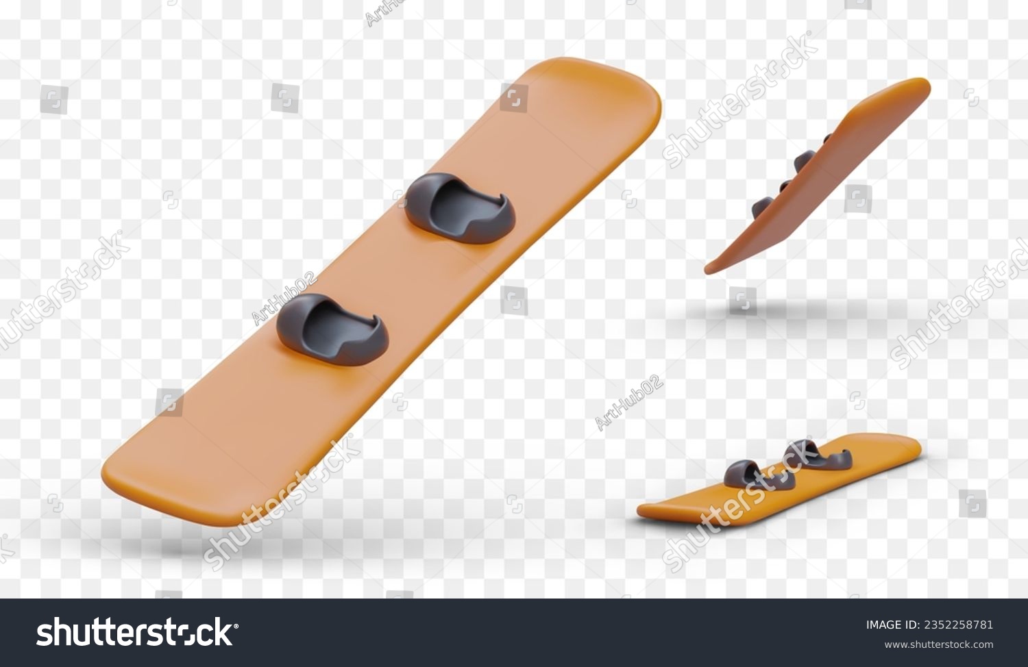 Set of realistic boards for snowboarding. Deck with binding foot pads. View from top, side, bottom. Color isolated vector illustration. Equipment for winter sports #2352258781