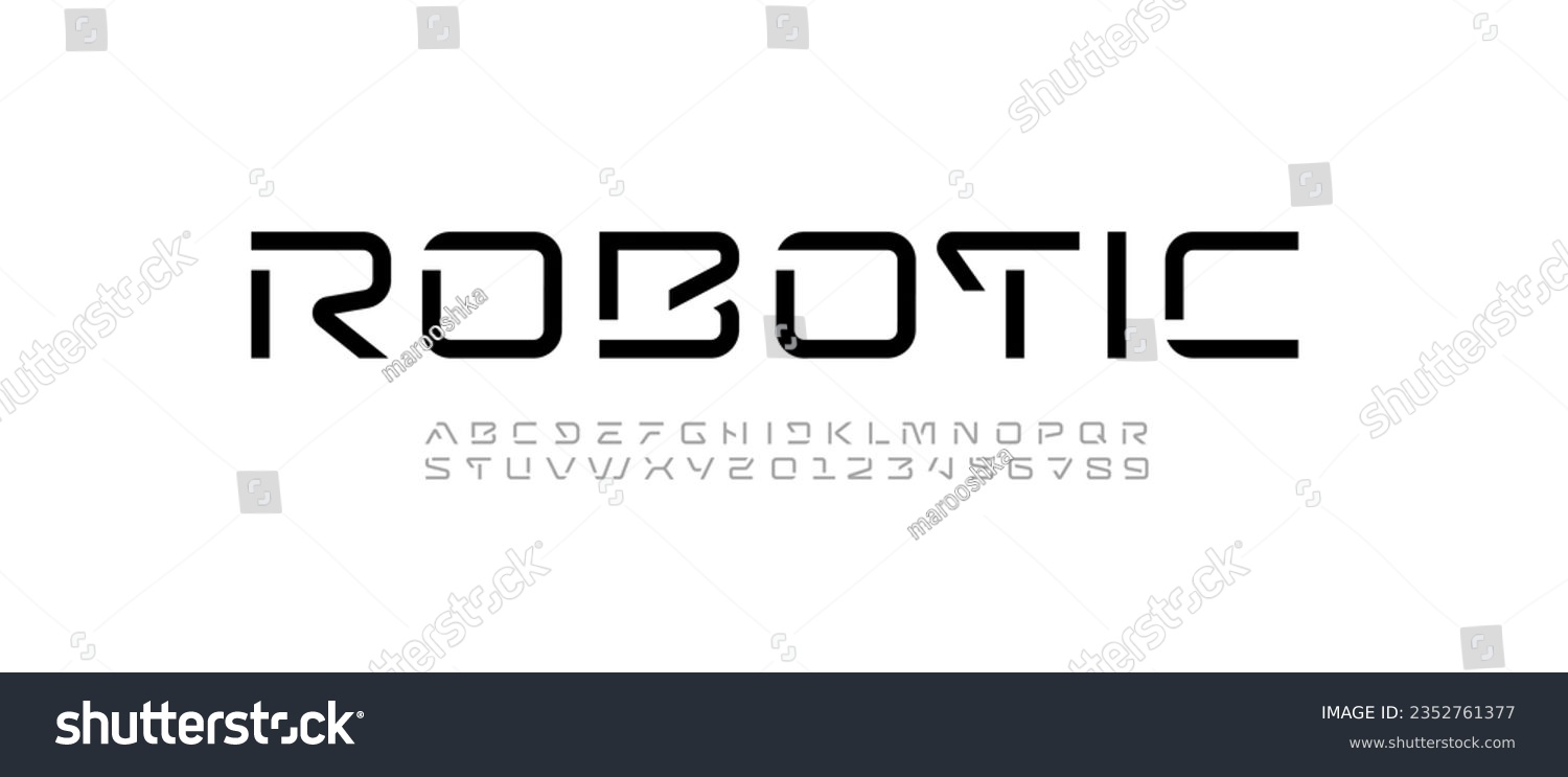 Tech font, digital alphabet, thin Latin letters A, B, C, D, E, F, G, H, I, J, K, L, M, N, O, P, Q, R, S, T, U, V, W, X, Y, Z and Arab numerals 0, 1, 2, 3, 4, 5, 6, 7, 8, 9, vector illustration 10EPS #2352761377