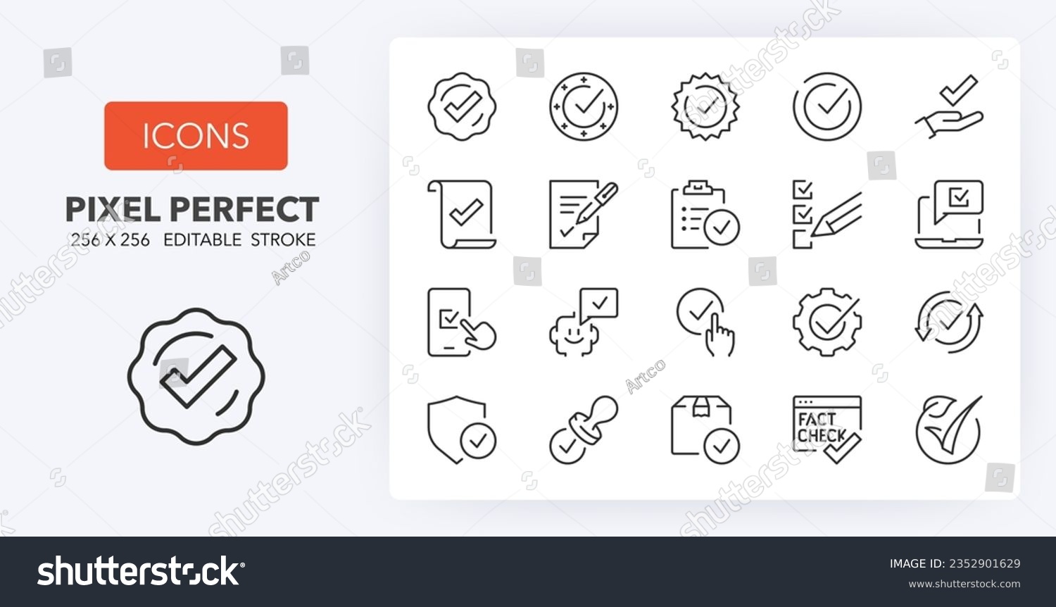 Checkmark and quality product thin line icon set. Outline symbol collection. Editable vector stroke. 256x256 Pixel Perfect scalable to 128px, 64px... #2352901629