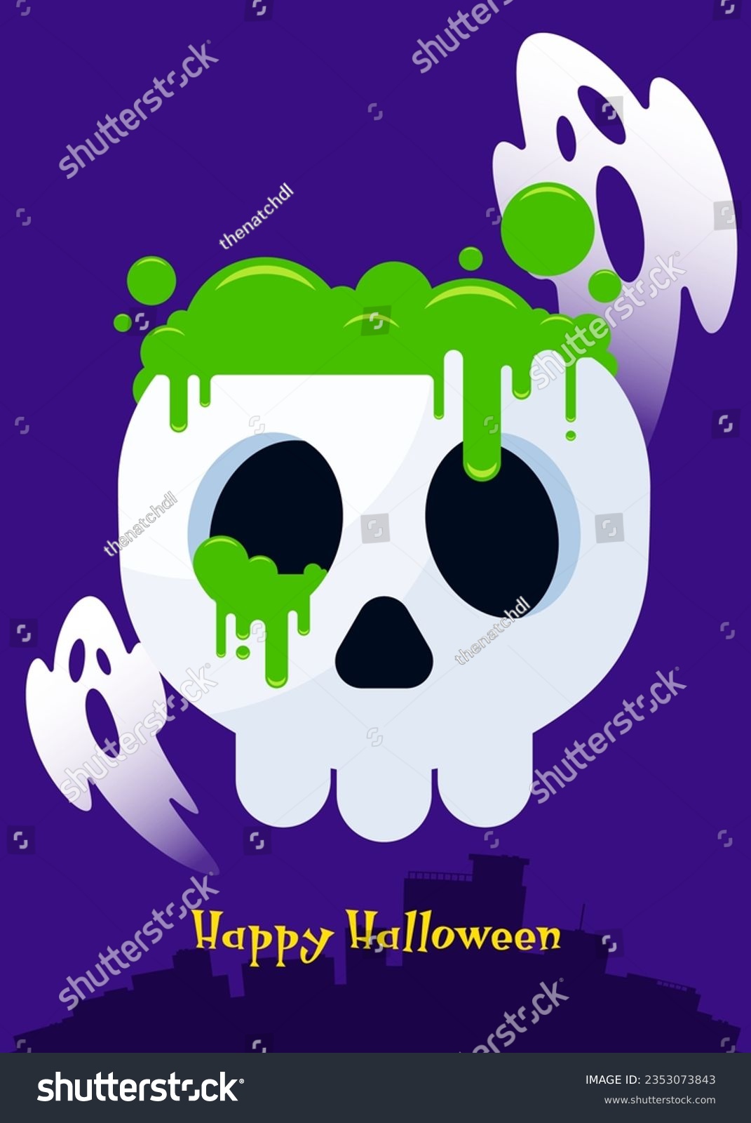 Happy halloween party invitation template design background decorative with skull flat design style. Design element for poster, banner, leaflet, flyer, vector illustration #2353073843