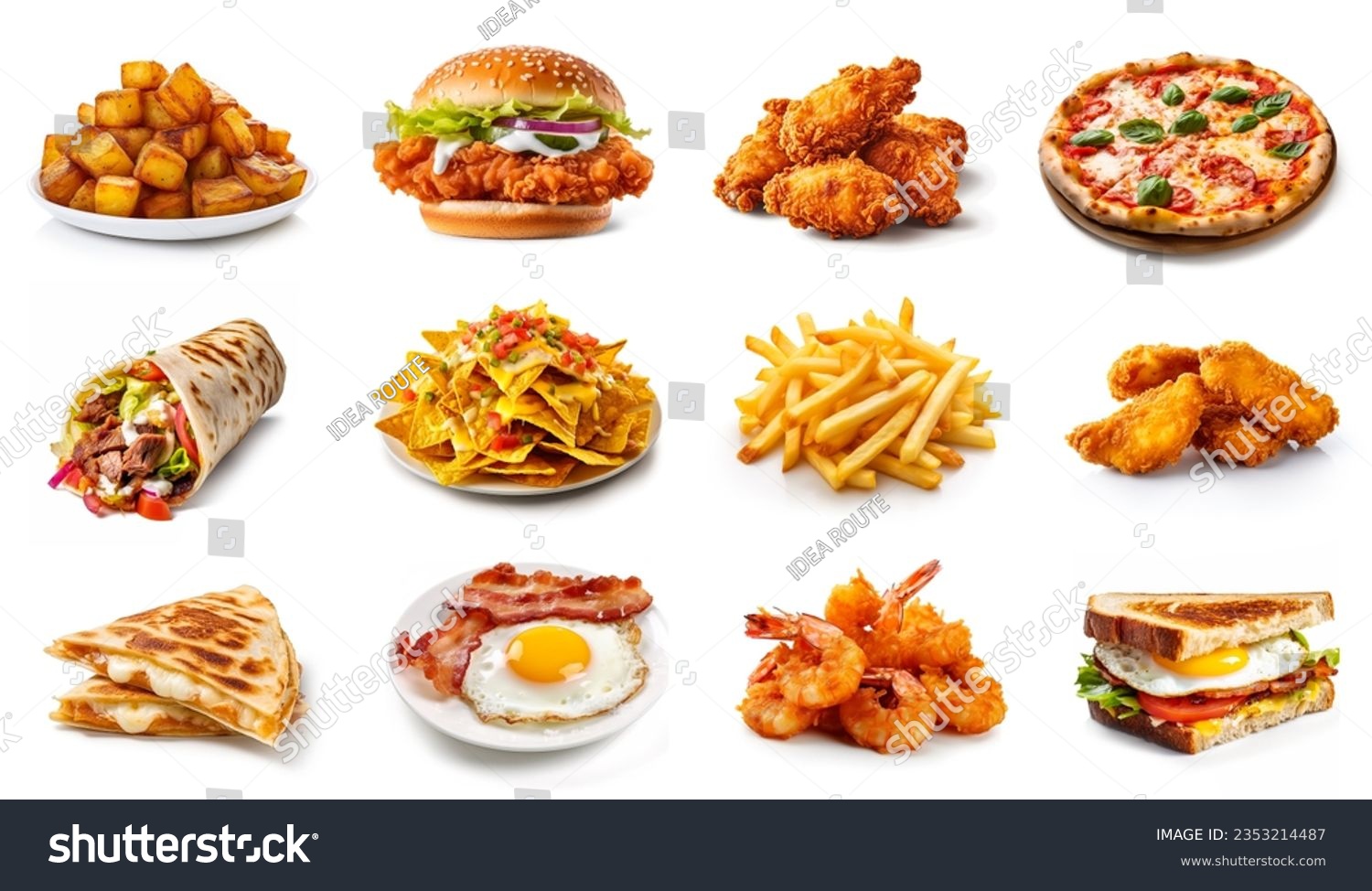 All Fast Food collection set, isolated on white background. Fried chicken, fries, pizza, sandwich, chicken nuggets, eggs and bacon, shawarma, prawns. Junk food of Fast Food set. Closeup of fast foods. #2353214487