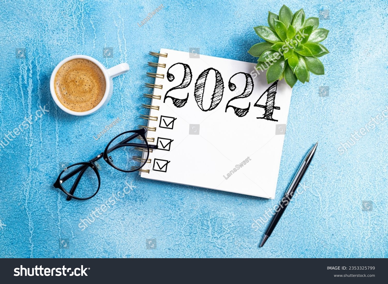 New year resolutions 2024 on desk. 2024 goals list with notebook, coffee cup, plant on blue table. New Year 2024 resolutions. Resolutions, plan, goals, action, checklist, idea concept. Copy space #2353325799