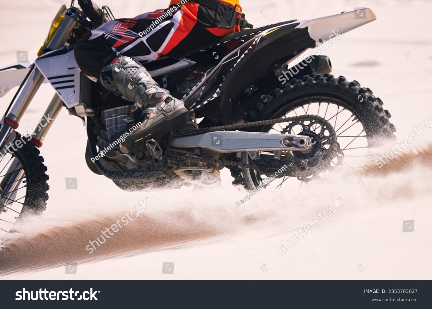 Sports, speed and person on motorbike in desert for training, workout and challenge on sand. Extreme transport, travel and cyclist with motorcycle in action for adventure, freedom and adrenaline #2353783027