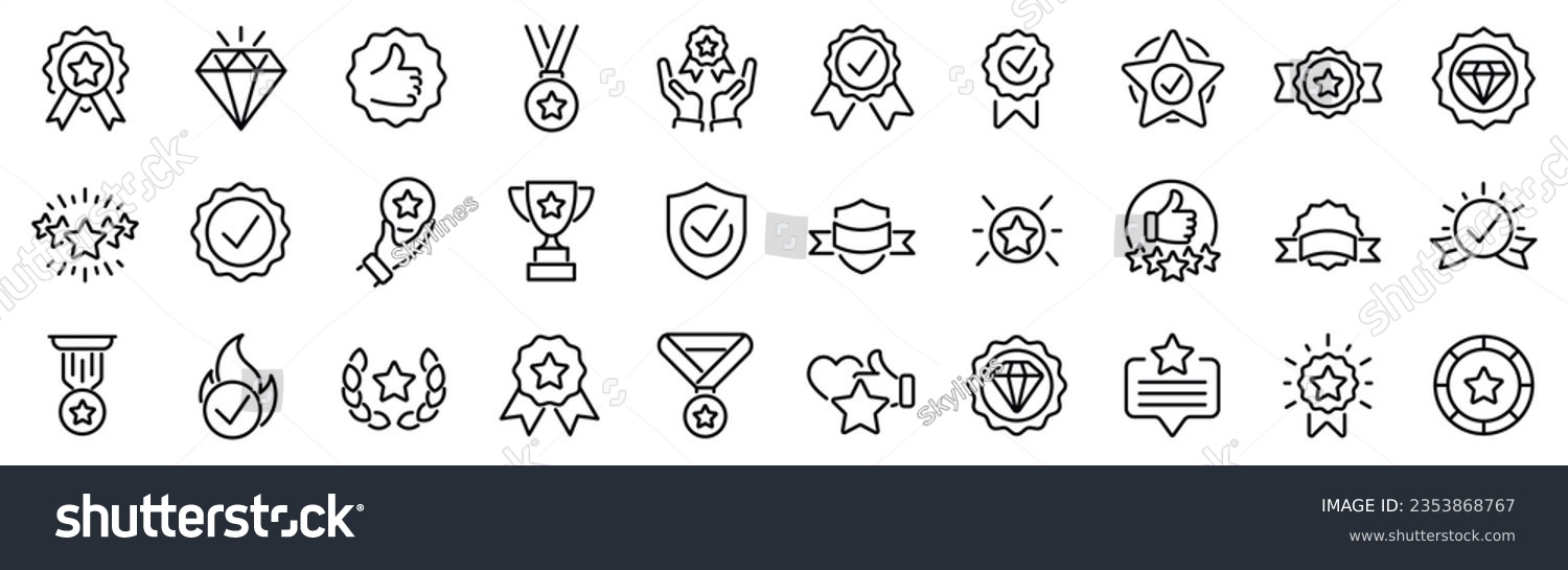 Set of 30 outline icons related to quality, badge, success. Linear icon collection. Editable stroke. Vector illustration #2353868767