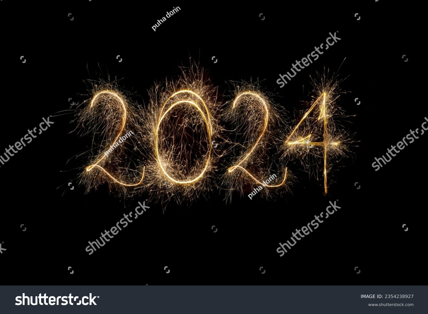 Happy New Year 2024. Number 2024 written sparkling sparklers isolated on black background with copy space for text. Glowing, creative overlay template for holiday greeting card or banner design #2354238927