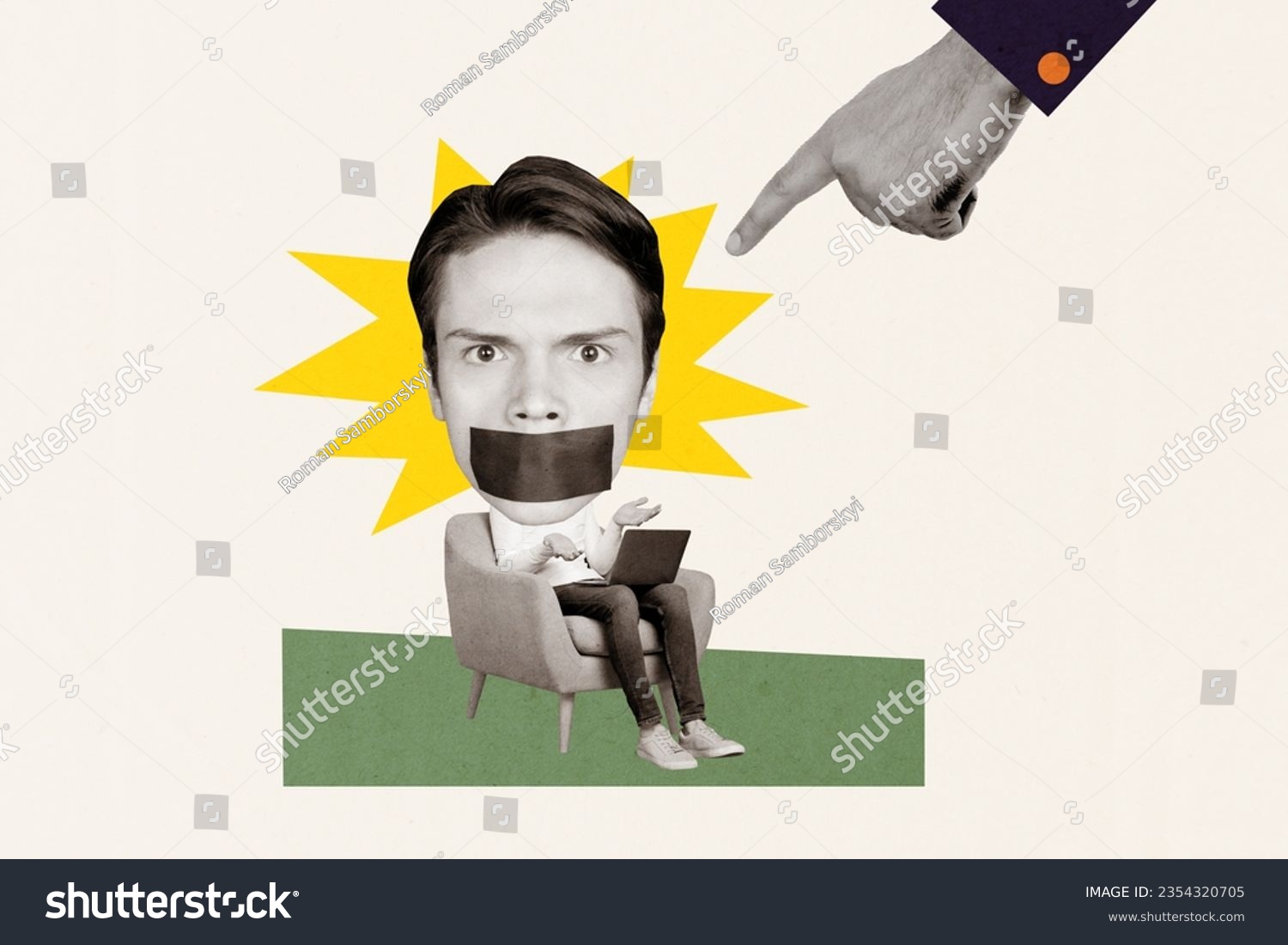 Composite creative photo collage of finger directing at speechless man sit with laptop got ban in social media isolated painted background #2354320705