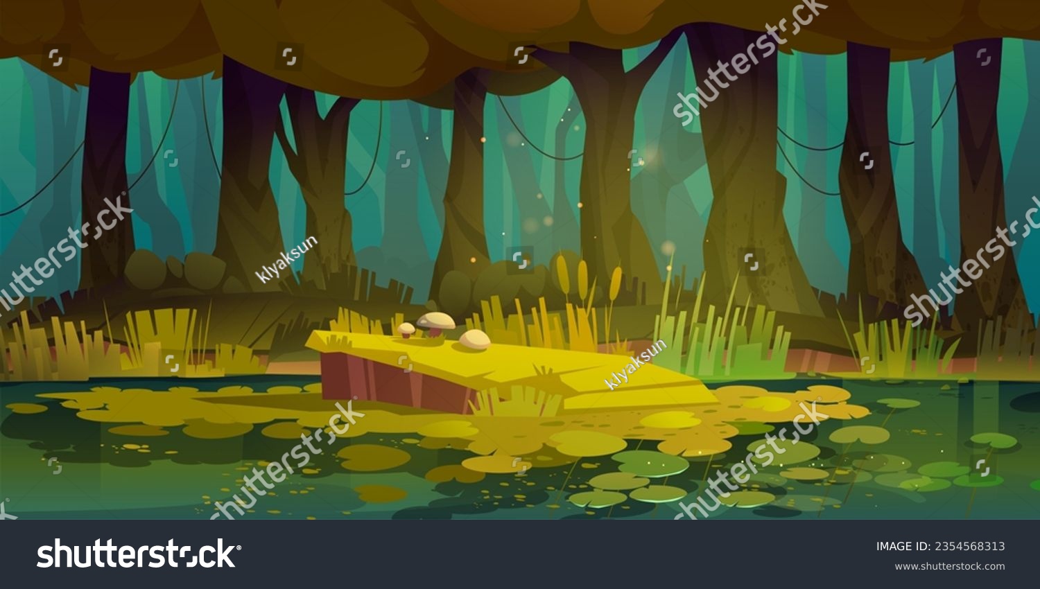 Forest swamp horizontal background - cartoon vector illustration of summer fantasy spooky landscape with trees, lake and water lilies. Jungle game scene of pond with green grass and plants. #2354568313