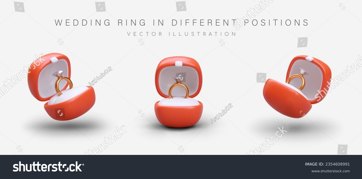Wedding ring in box. Ring with diamond in package. Valuable gift, women accessory. Marriage proposal symbol. Isolated illustration on white background #2354608991