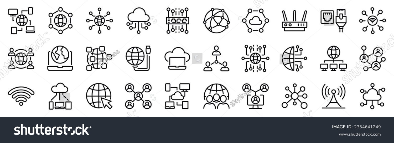 Set of 30 outline icons related to network, internet. Linear icon collection. Editable stroke. Vector illustration #2354641249