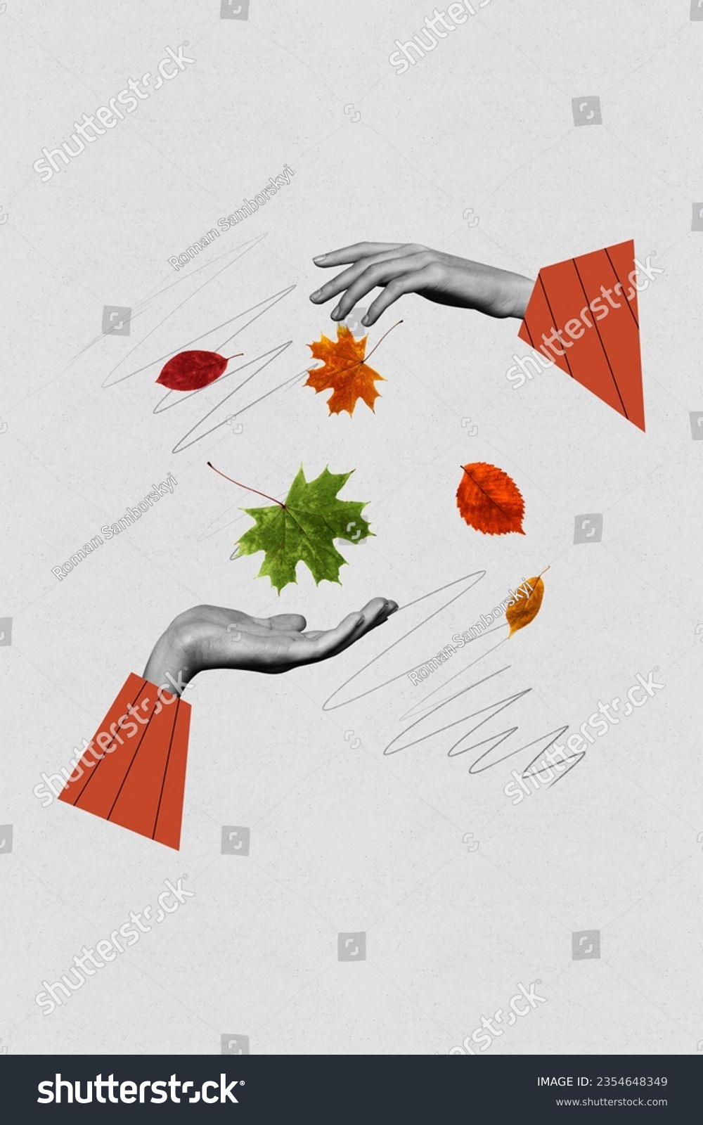 Vertical composite illustration 3d photo collage of two hands manage orange leaves control weather isolated on gray color background #2354648349