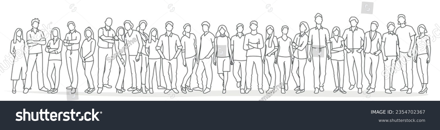 Group of young people. Modern vector simple outline stylized illustrations for graphic, web design. Hand drawn vector illustration. Black and white. #2354702367