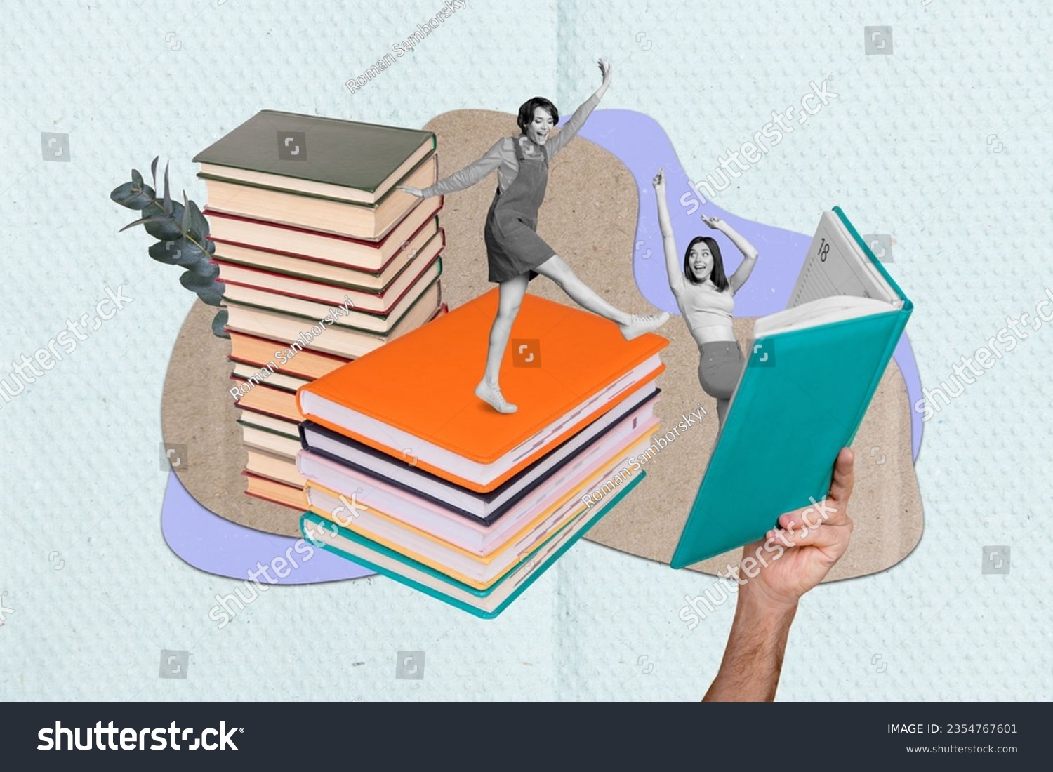 Collage picture of huge hand pile stack book two mini black white colors dancing girls isolated on paper creative background #2354767601