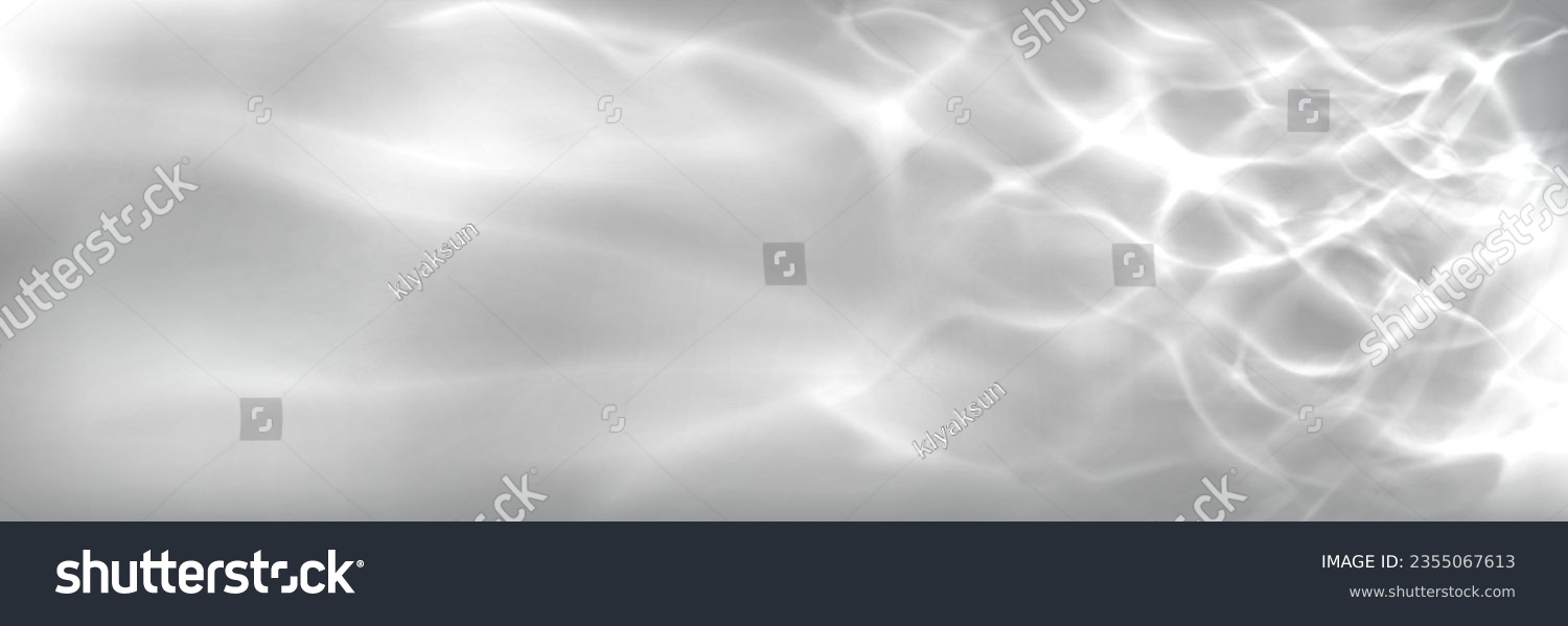 Water surface texture with sun light reflections and caustic patterns with overlay effect. Clear calm transparent liquid top with wave and ripple refraction of beams - realistic vector background #2355067613