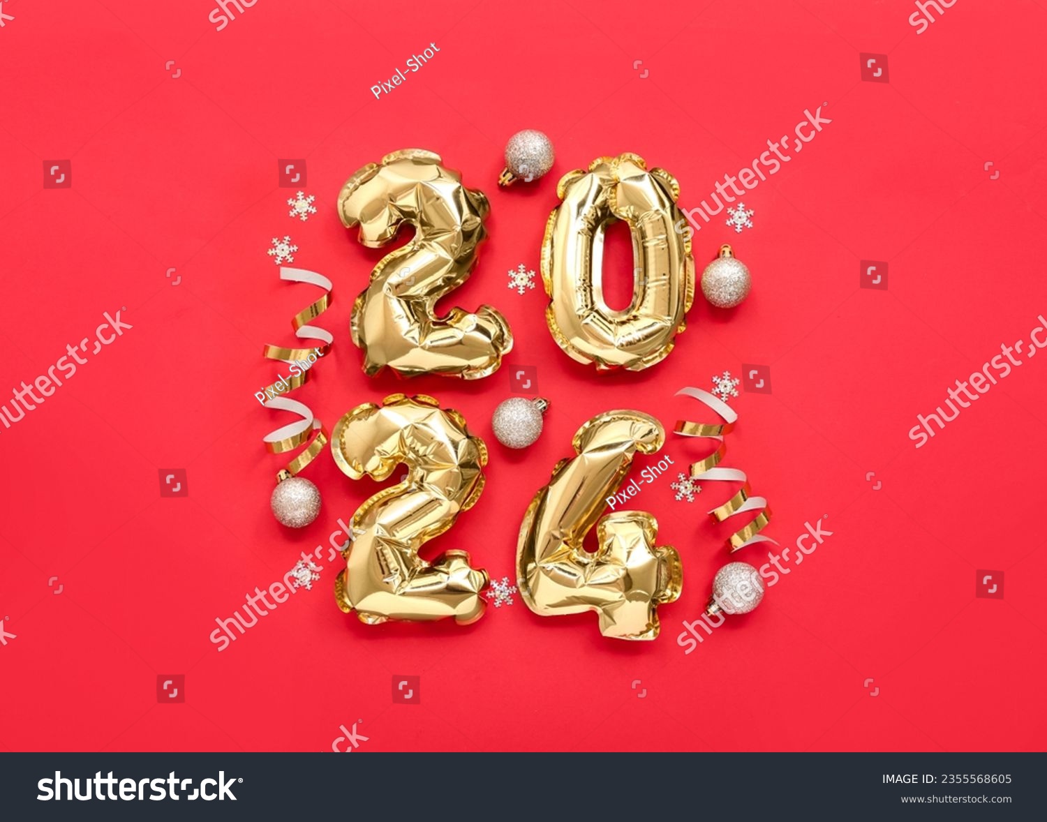 Composition with figure 2024 made of golden foil balloons and Christmas decorations on red background #2355568605
