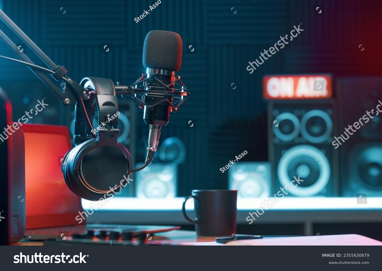 Professional microphone and headphones at the radio station, entertainment and communication concept #2355630879