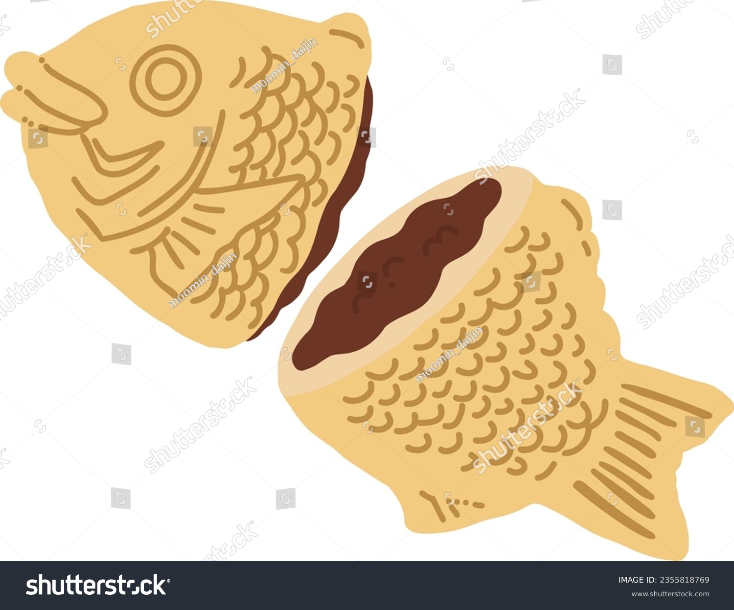 Hand-drawn color illustration of TAIYAKI with chocolate paste cut in half. #2355818769