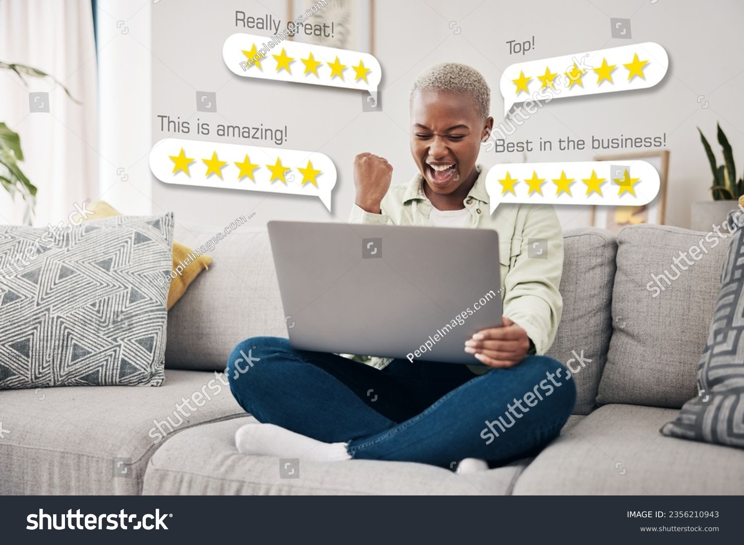 Laptop, excited and business owner reading review, email or feedback for financial bonus or 5 star rating. Overlay, success or happy woman in celebration of computer results or online sales at home #2356210943
