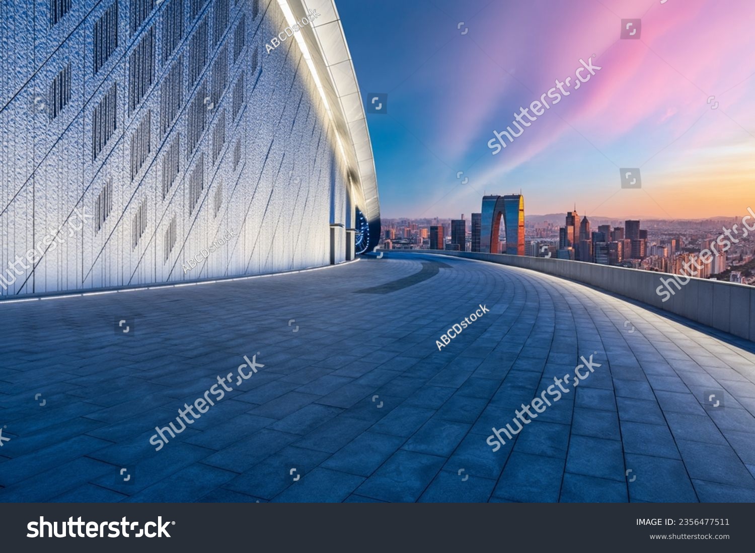 Empty floor and modern city skyline with building at sunset in Suzhou, Jiangsu Province, China. high angle view. #2356477511