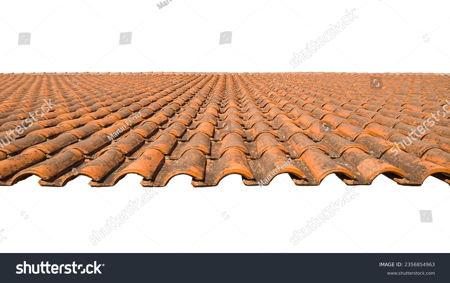 Weathered red tile roof with midday overhead sunlight, isolated on empty background #2356854963